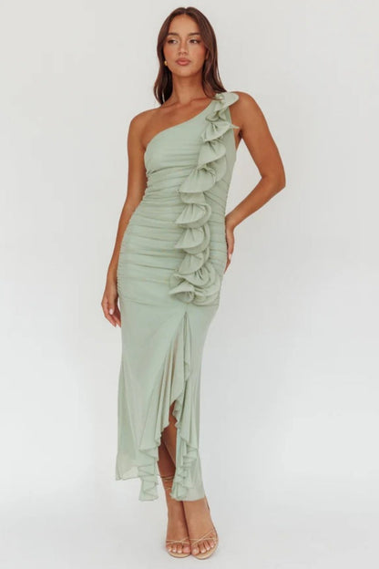 Amora™ Haven One-Shoulder Ruffle Accent Maxi Dress Sage