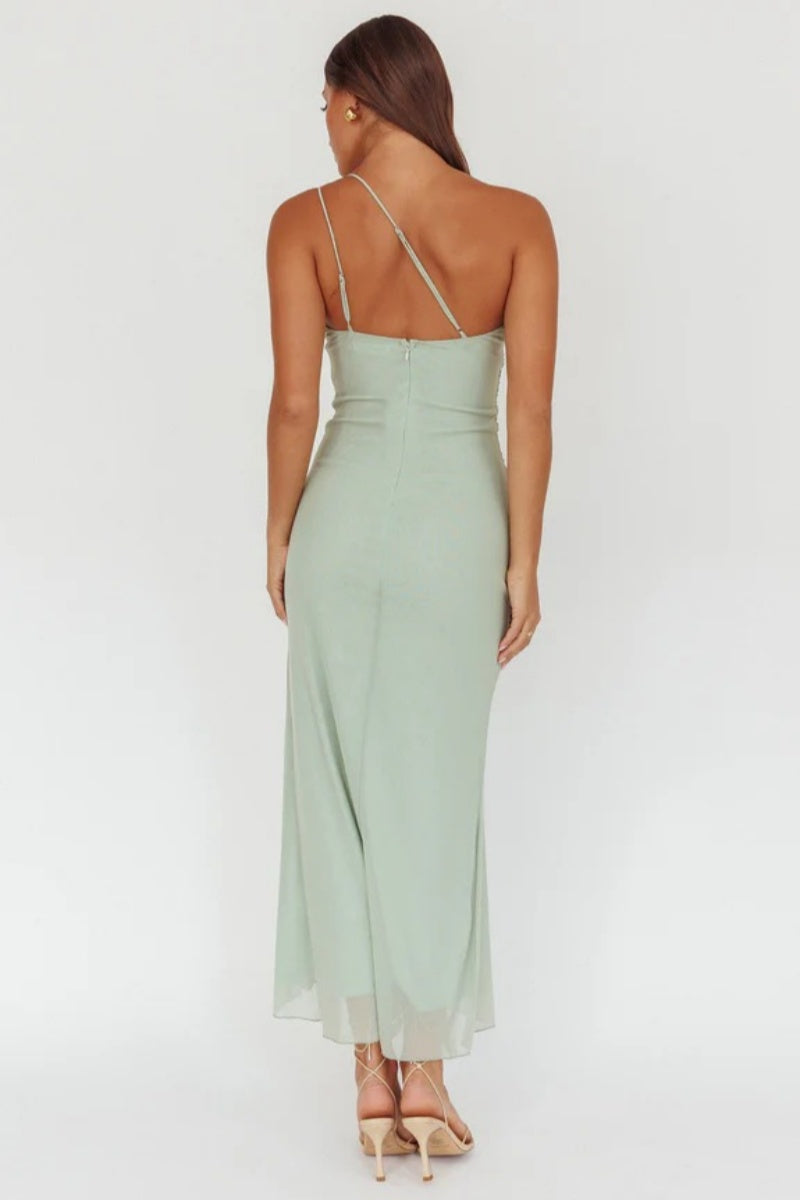 Amora™ Haven One-Shoulder Ruffle Accent Maxi Dress Sage