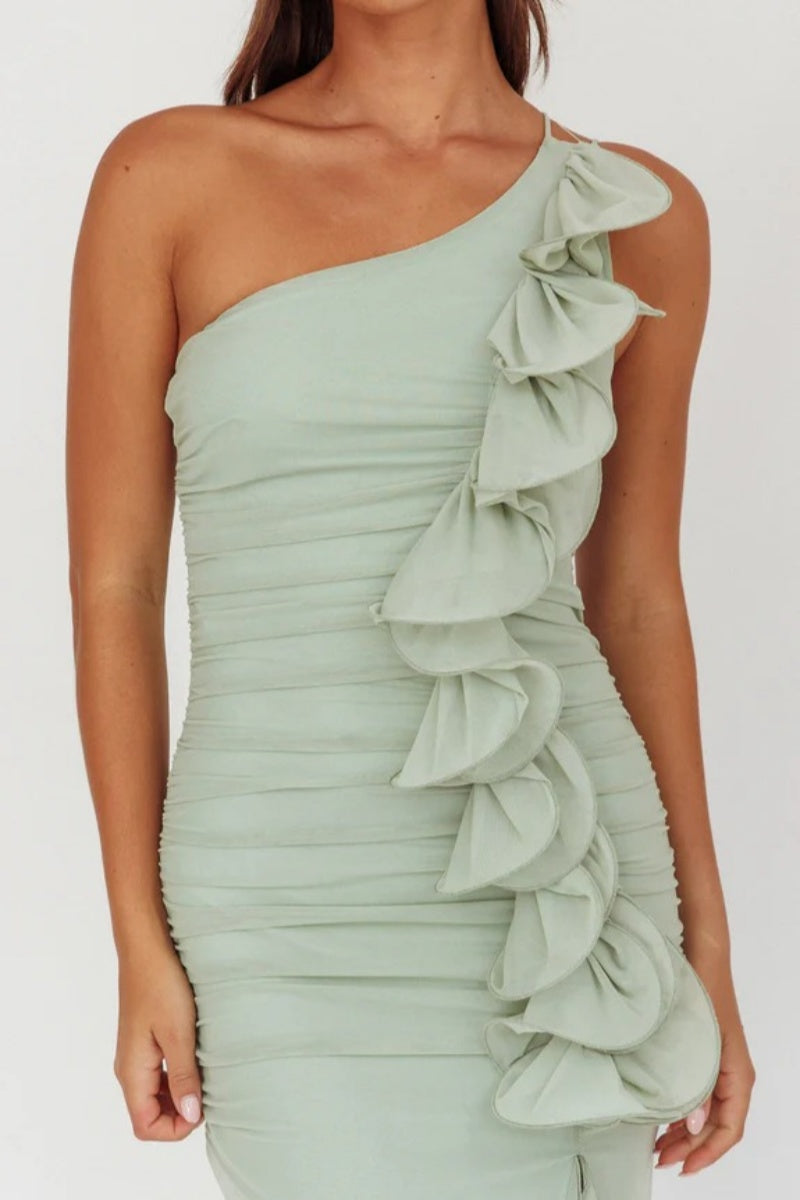 Amora™ Haven One-Shoulder Ruffle Accent Maxi Dress Sage