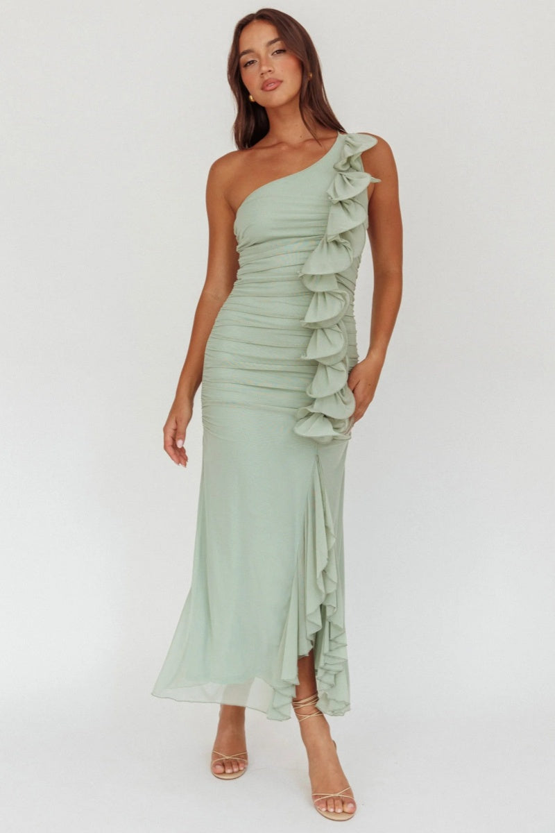 Amora™ Haven One-Shoulder Ruffle Accent Maxi Dress Sage