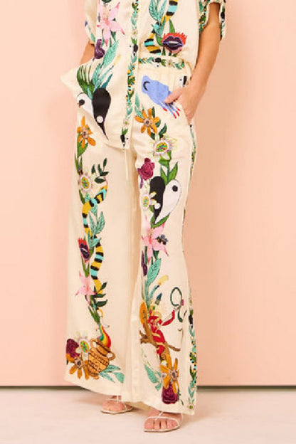 Amora™ Boho Natureza Baskılı Saten Gömlek ve Pantolon Takım