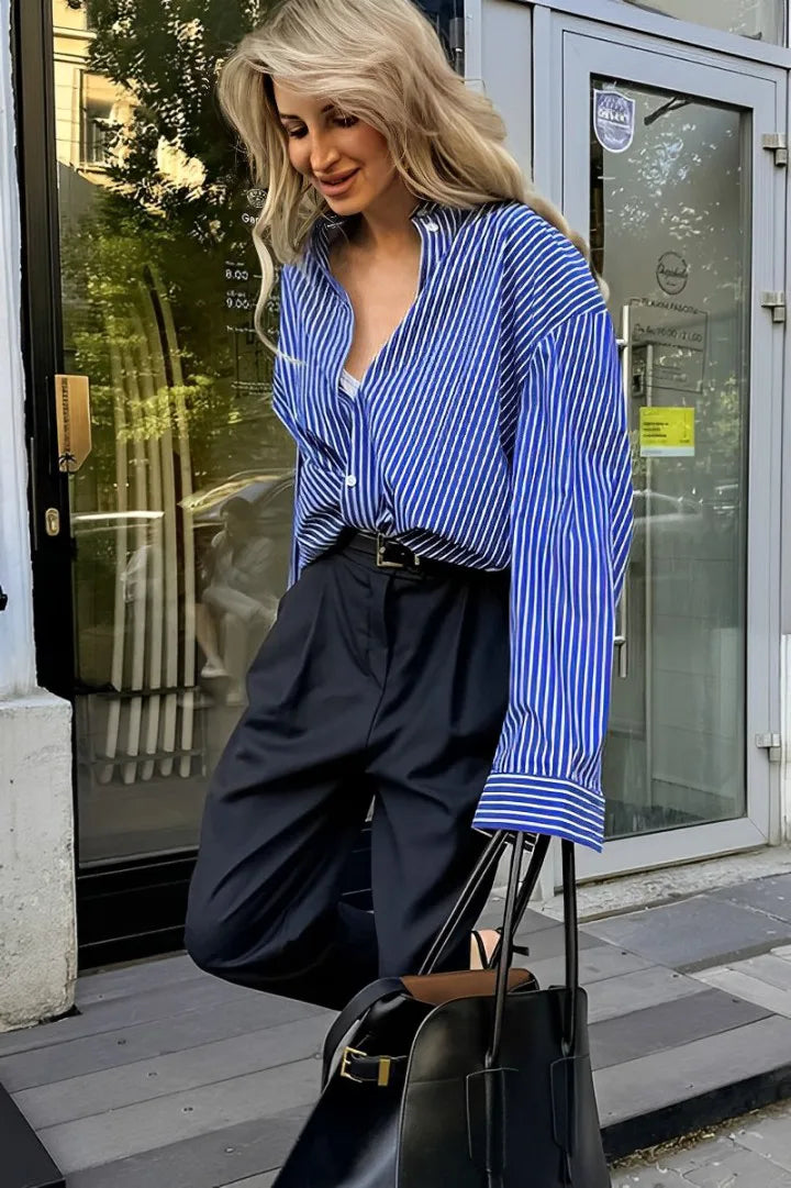 Amora™ Patchwork Çizgili Bol Uzun Kollu Bluz