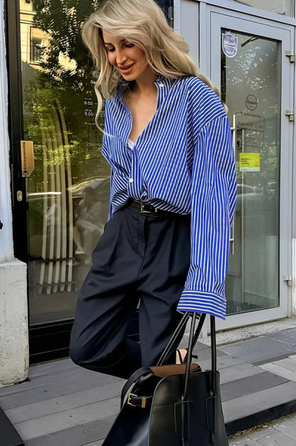 Amora™ Patchwork Çizgili Bol Uzun Kollu Bluz