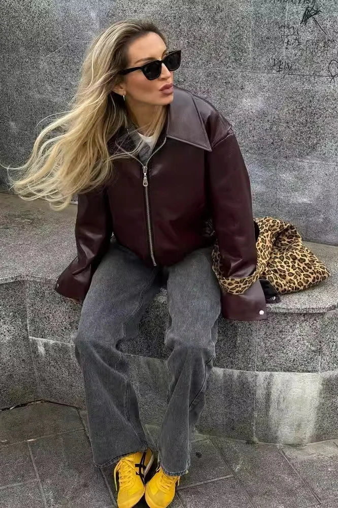 Amora™ Şık Yaka Deri Biker Ceket