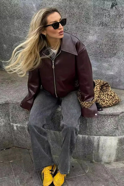 Amora™ Şık Yaka Deri Biker Ceket