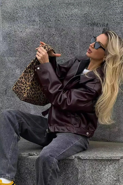 Amora™ Şık Yaka Deri Biker Ceket