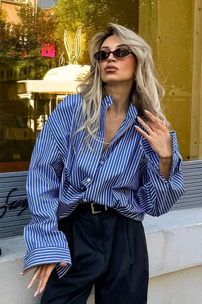 Amora™ Patchwork Çizgili Bol Uzun Kollu Bluz