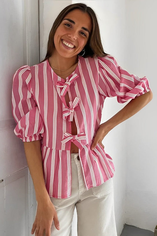 Amora™ Çizgili Puf Kollu Peplum Papyon Bluz