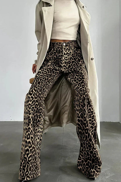 Amora™ Düğmeli Çok Cepli Leopar Desenli Günlük Pantolon