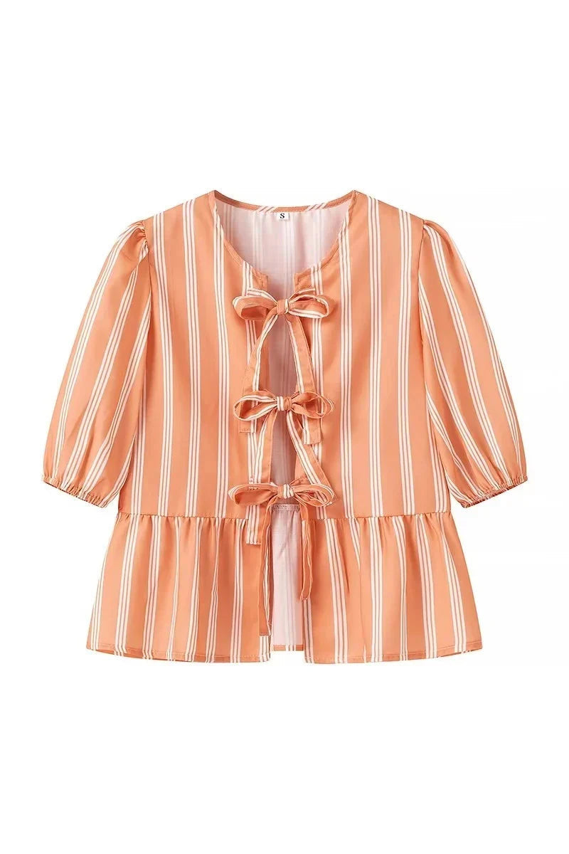 Amora™ Çizgili Puf Kollu Peplum Papyon Bluz