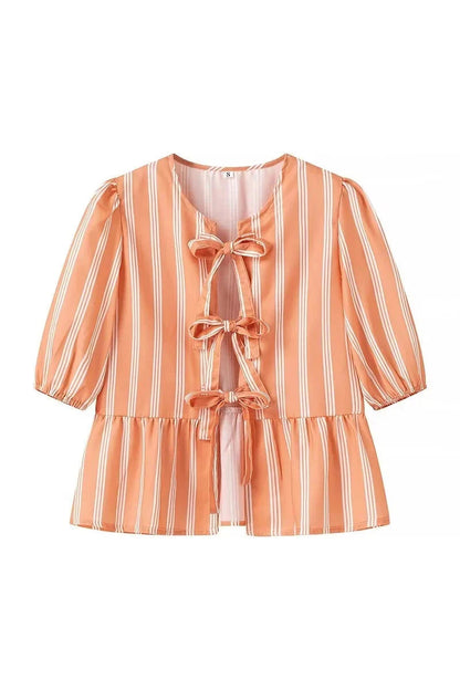 Amora™ Çizgili Puf Kollu Peplum Papyon Bluz