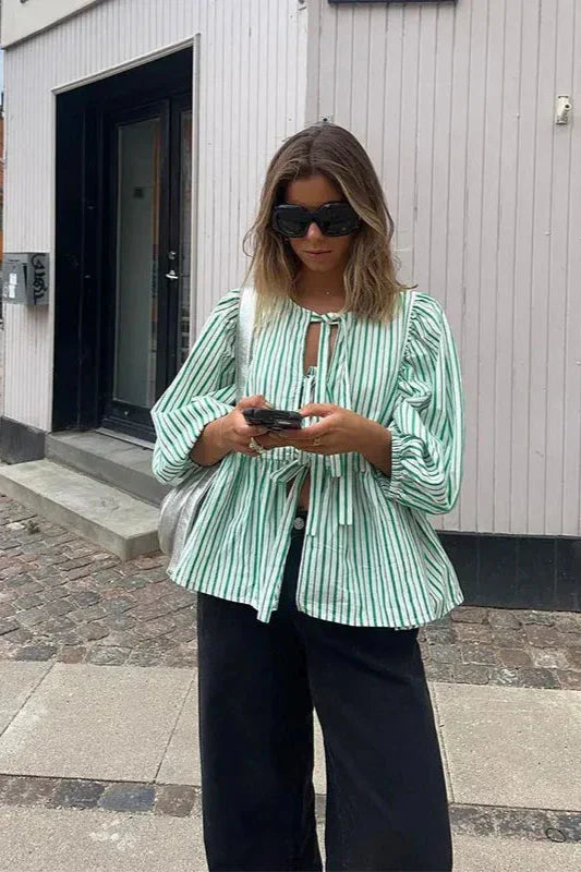 Amora™ Yeşil Çizgili Puf Kol Peplum Fiyonklu Bluz Kısa Üst