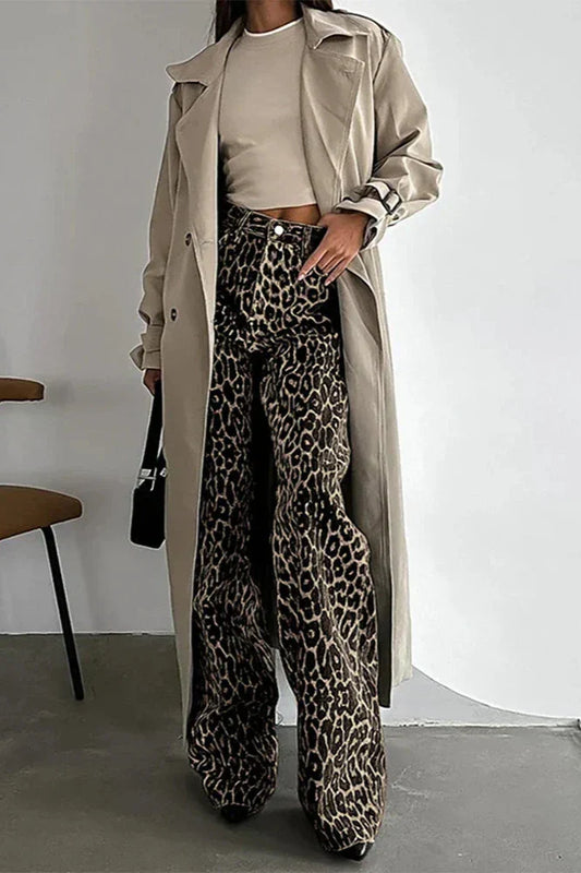 Amora™ Düğmeli Çok Cepli Leopar Desenli Günlük Pantolon