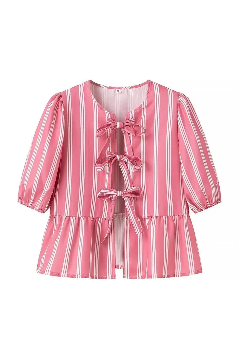 Amora™ Çizgili Puf Kollu Peplum Papyon Bluz