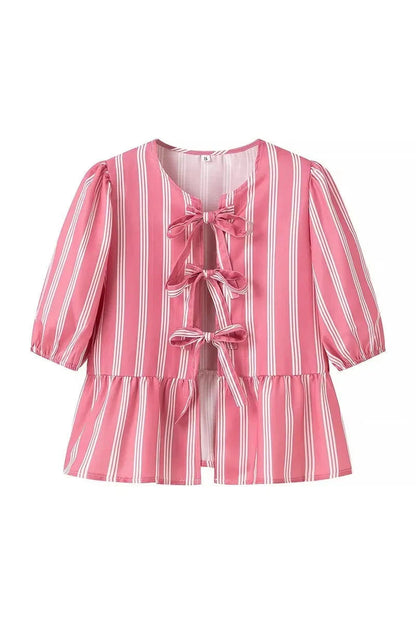 Amora™ Çizgili Puf Kollu Peplum Papyon Bluz
