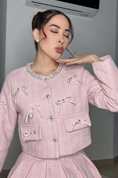Amora™ Fransız Chanel Tarzı Örgü Fiyonk Etek Takımı