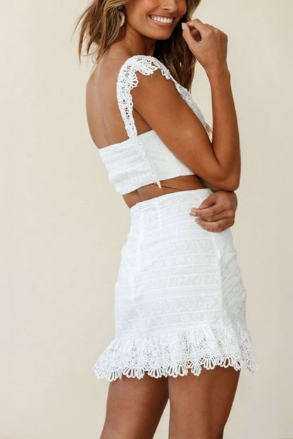 Amora™ Beyaz Sonnet Dantel Crop Top ve Etek Takım