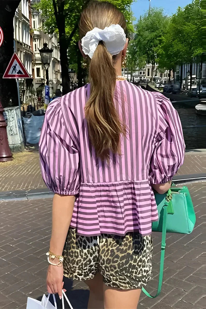 Amora™ Çizgili Puf Kol Peplum Fiyonklu Bluz Kısa Üst