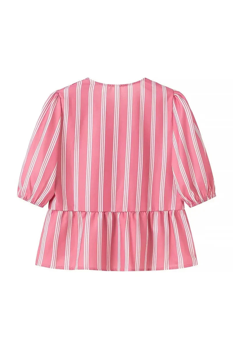 Amora™ Çizgili Puf Kollu Peplum Papyon Bluz