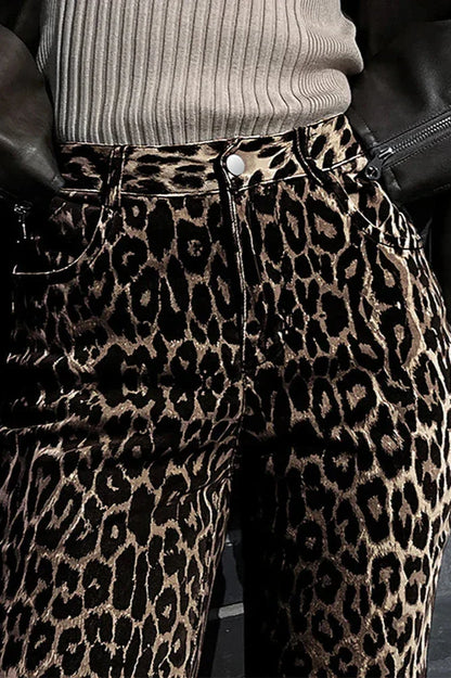 Amora™ Düğmeli Çok Cepli Leopar Desenli Günlük Pantolon