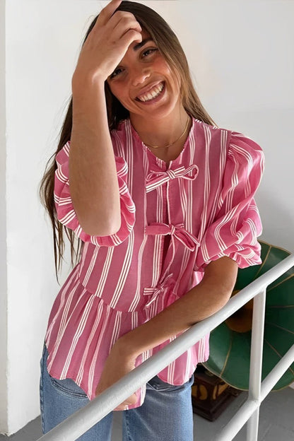 Amora™ Çizgili Puf Kollu Peplum Papyon Bluz