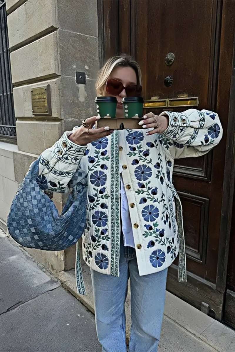 Amora™ Gündelik Sokak Çiçekleri Bağcıklı Düğmeler Patchwork O Yaka Dış Giyim
