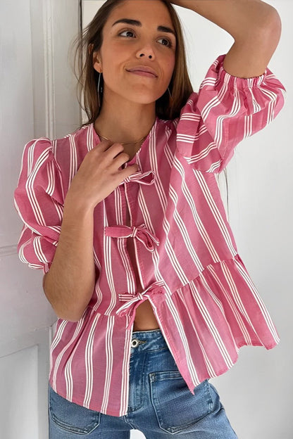 Amora™ Çizgili Puf Kollu Peplum Papyon Bluz