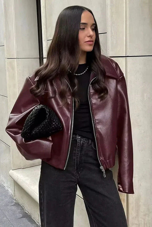 Amora™ Şık Yaka Deri Biker Ceket