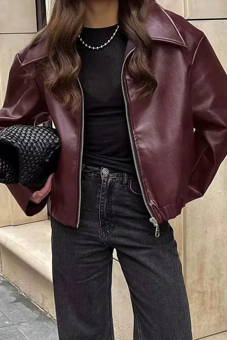 Amora™ Şık Yaka Deri Biker Ceket