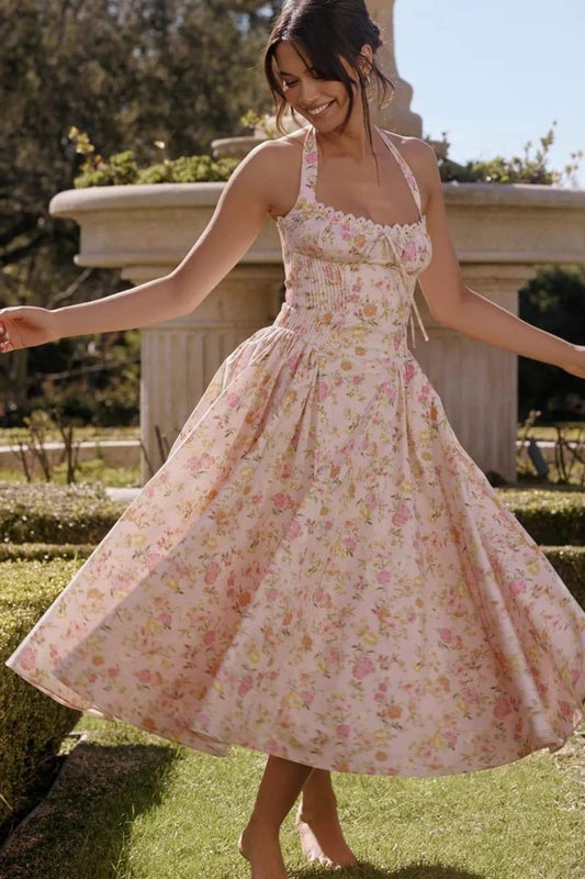 Amora™ Abigail Baskılı Halter Yaka Korse Midi Elbise