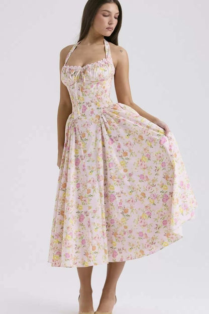 Amora™ Abigail Baskılı Halter Yaka Korse Midi Elbise