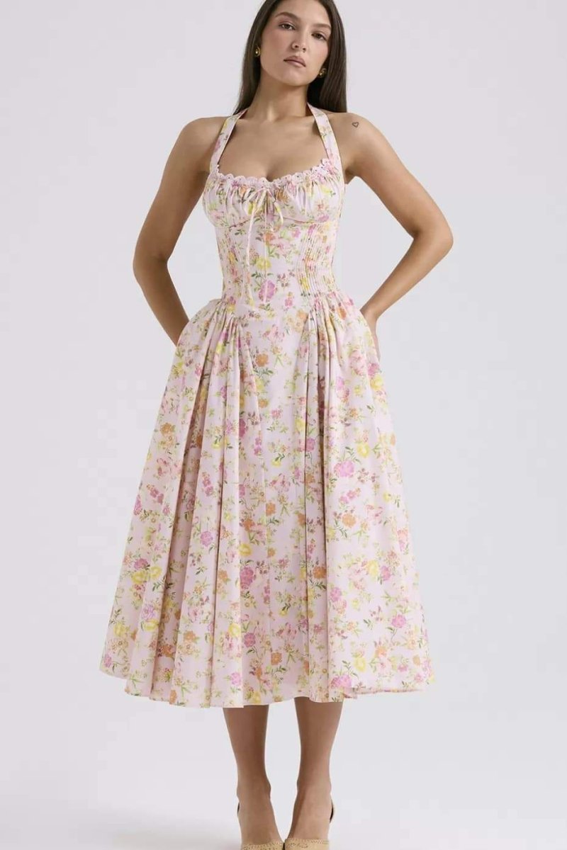 Amora™ Abigail Baskılı Halter Yaka Korse Midi Elbise