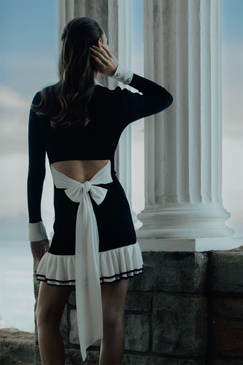 Amora™ Alexia Kontrast Volanlı Fiyonklu Mini Örgü Elbise