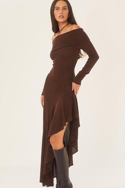 Amora™ Alisa Omuz Açık Flare Midi Örgü Elbise