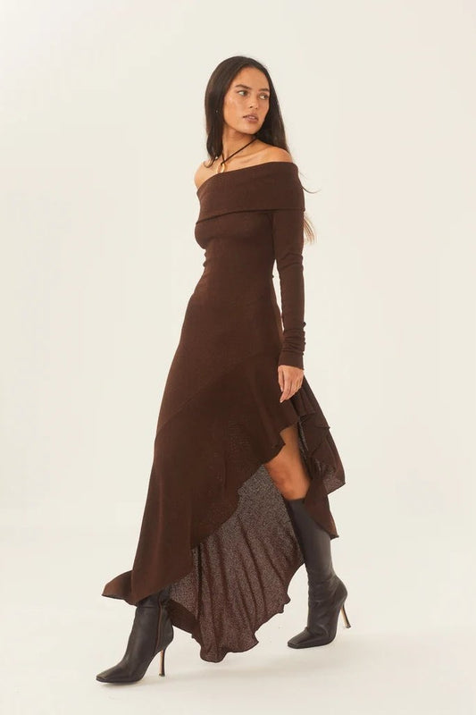 Amora™ Alisa Omuz Açık Flare Midi Örgü Elbise
