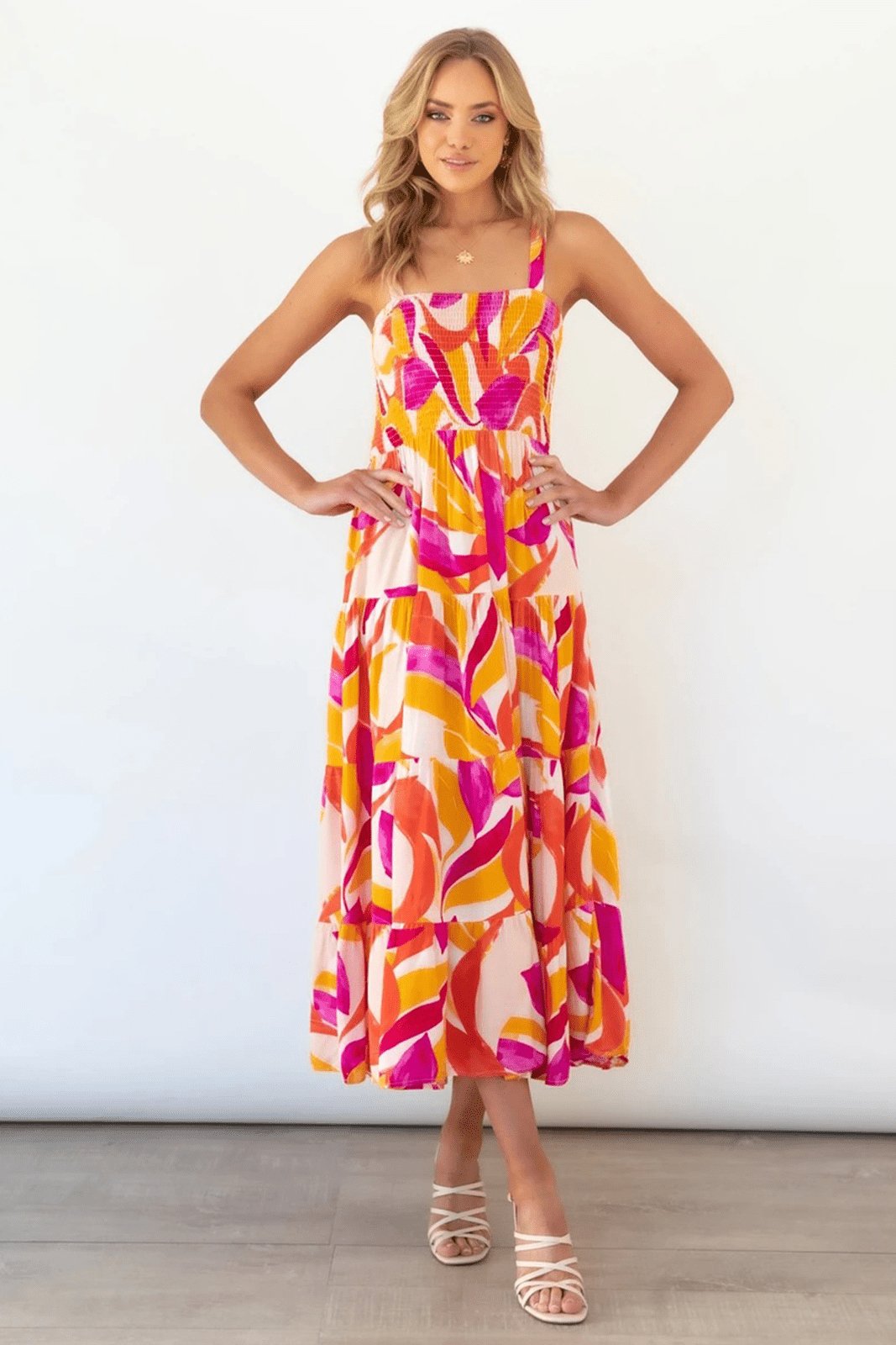 Amora™ Andrea Baskılı Büzgülü Korse Katlı Maxi Sundress