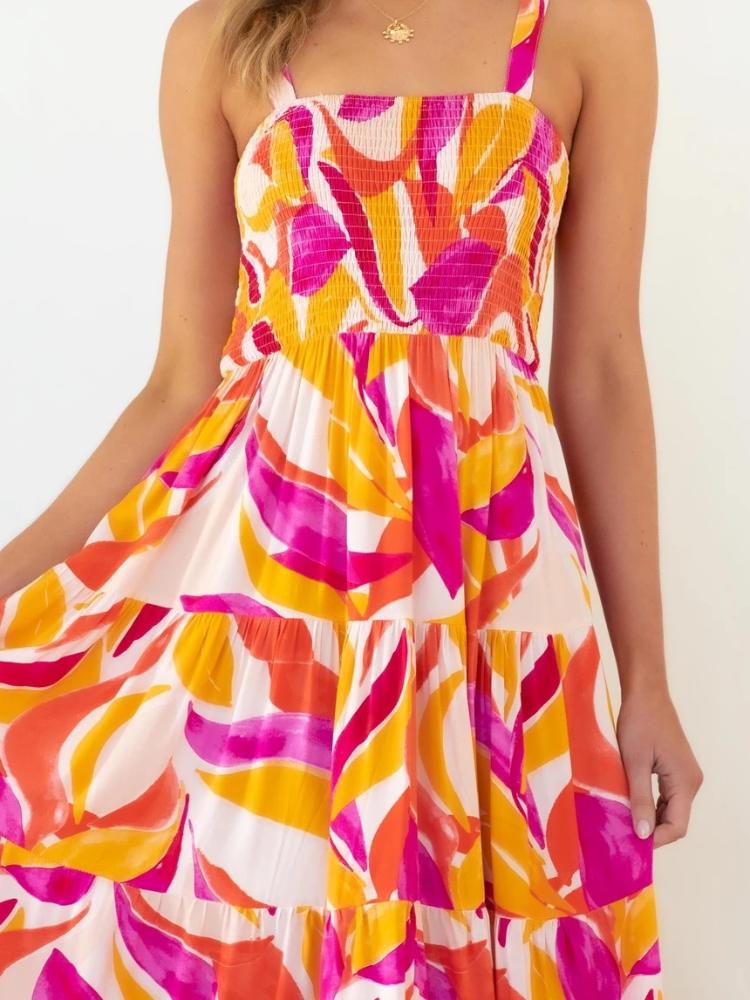 Amora™ Andrea Baskılı Büzgülü Korse Katlı Maxi Sundress