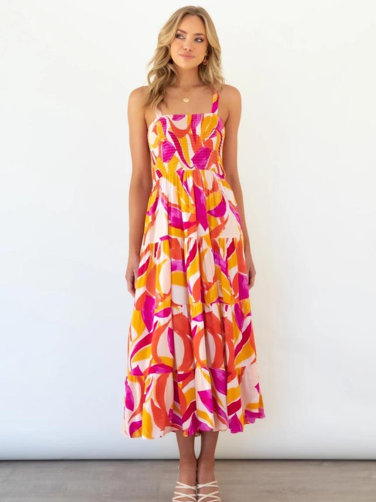 Amora™ Andrea Baskılı Büzgülü Korse Katlı Maxi Sundress