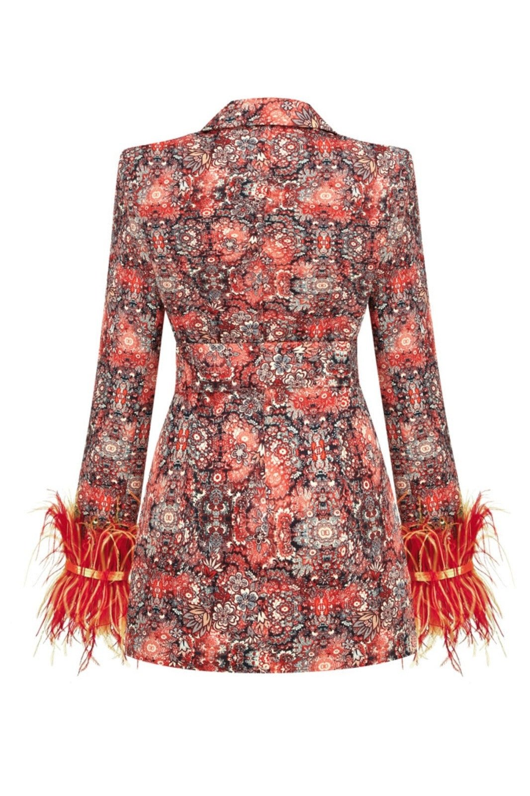 Amora™ Carlin Baskılı Tüylü Kemerli Mini Blazer Elbise