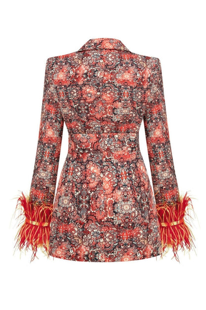 Amora™ Carlin Baskılı Tüylü Kemerli Mini Blazer Elbise