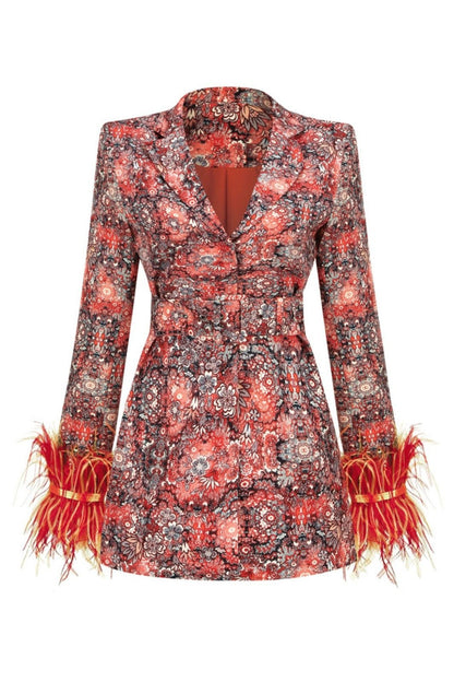 Amora™ Carlin Baskılı Tüylü Kemerli Mini Blazer Elbise