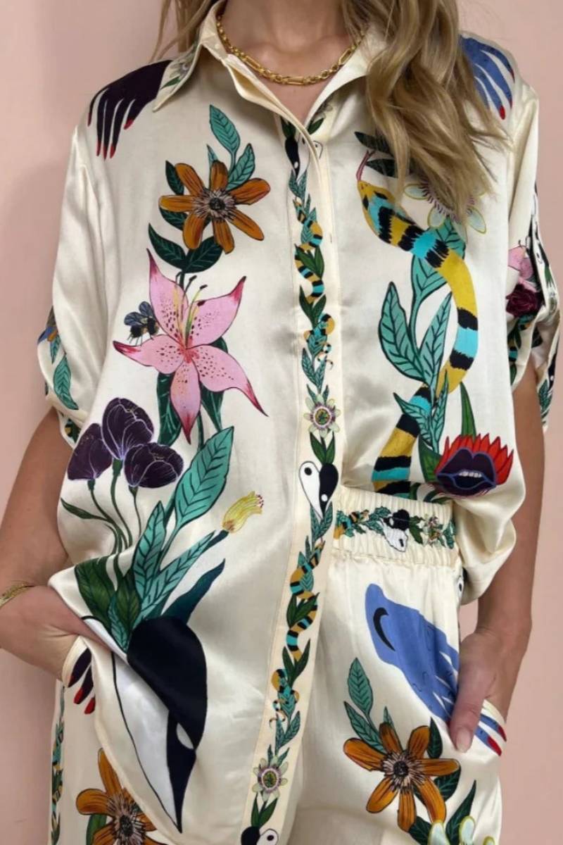 Amora™ Boho Natureza Baskılı Saten Gömlek ve Pantolon Takım