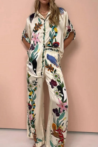 Amora™ Boho Natureza Baskılı Saten Gömlek ve Pantolon Takım