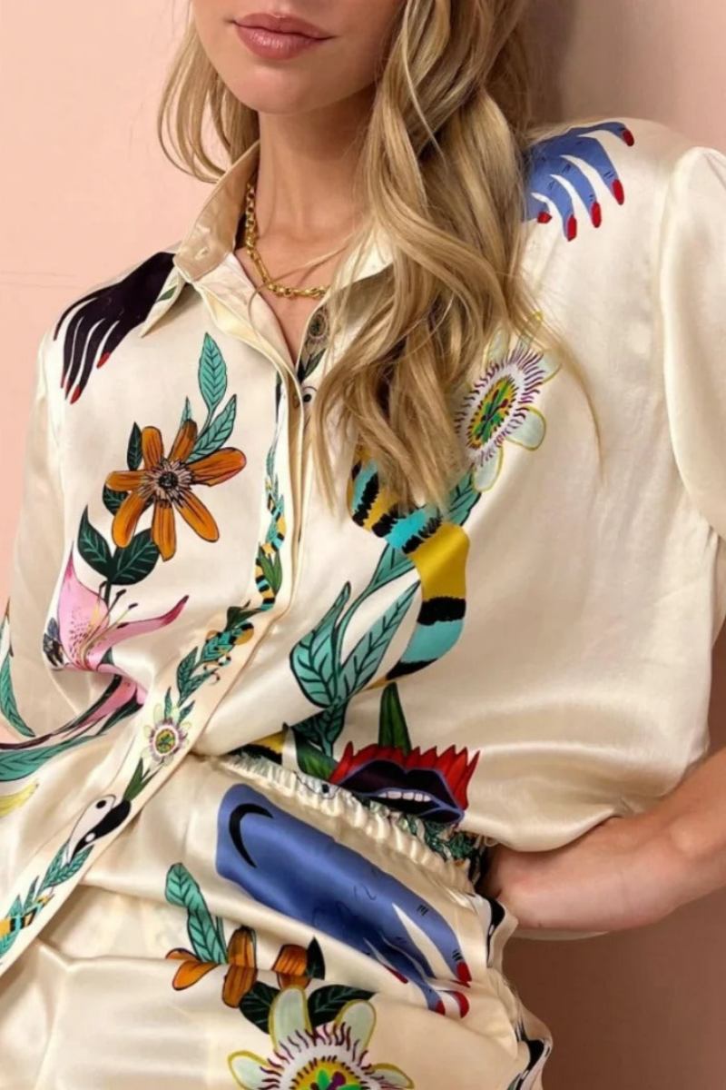 Amora™ Boho Natureza Baskılı Saten Gömlek ve Pantolon Takım