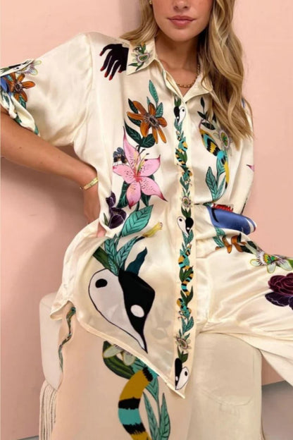 Amora™ Boho Natureza Baskılı Saten Gömlek ve Pantolon Takım