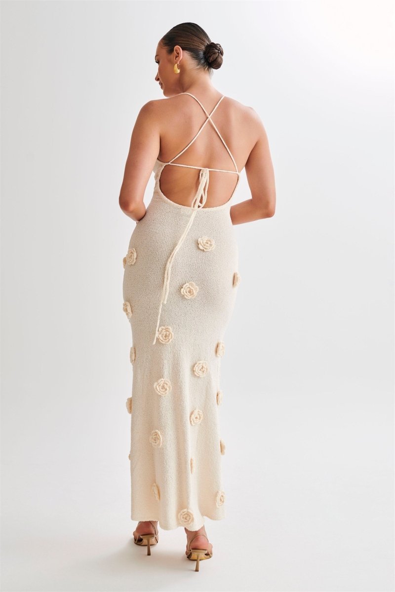 Amora™ Edwina V yakalı Örme Çiçekli Uzun Elbise