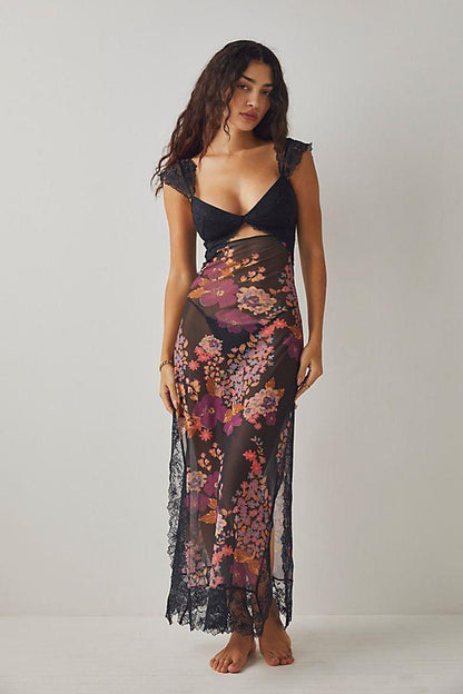 Amora™ Elma Çiçek Baskılı Kesik File Maxi Slip Elbise
