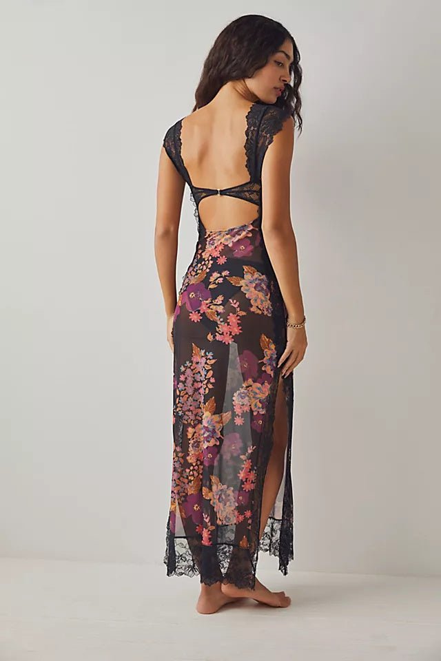 Amora™ Elma Çiçek Baskılı Kesik File Maxi Slip Elbise