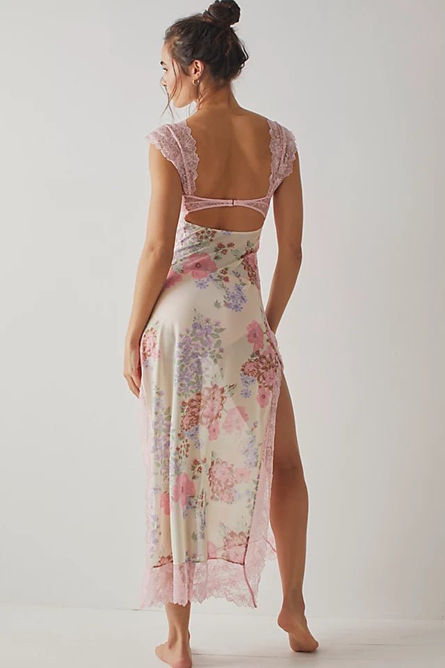 Amora™ Elma Çiçek Baskılı Kesik File Maxi Slip Elbise