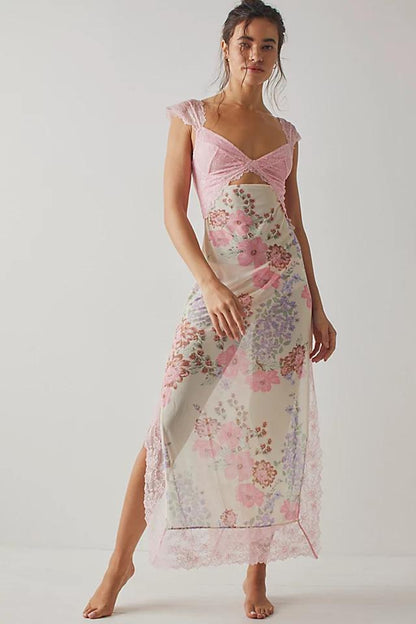 Amora™ Elma Çiçek Baskılı Kesik File Maxi Slip Elbise
